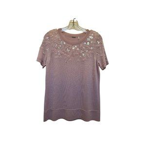 Elie Tahari Pink Floral Pailettes and Pearls Sweater, short sleeve Sz Small